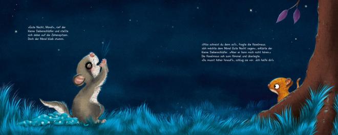 Die Geschichte vom kleinen Siebenschläfer, der dem Mond Gute Nacht sagen wollte draußen mit Haselmaus
